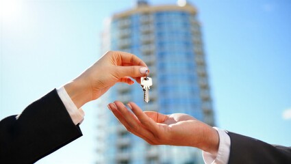 A hand is giving a key to another hand against a modern building backdrop. Real estate transaction concept.