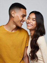 A happy couple shares a joyful moment, smiling at each other in casual attire. Love and connection.