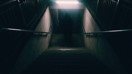 A shadowy figure descends a dimly lit staircase, creating an eerie atmosphere. Dark, moody setting evokes suspense and mystery.