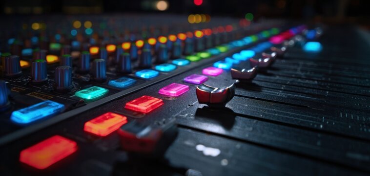 Close up view of sound mixing console with illuminated buttons and sliders