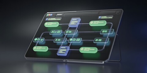 Digital Flowchart on a Transparent Tablet Screen with AI Integration Concept diagram process