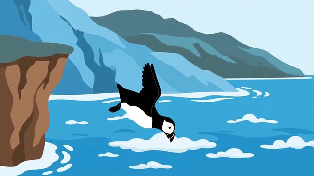 Cartoon Puffin Bird Diving Off Cliff Into Ocean Animation