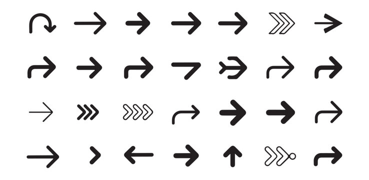 Minimalist line arrow collection featuring curved turns and multiple arrowheads for creative navigation elements