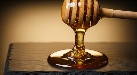 Wooden Dipper With Dripping Golden Honey on Dark Slate Background