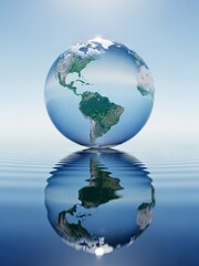Naklejka premium Globe floating on water with reflection, symbolizing global environment and sustainability.
