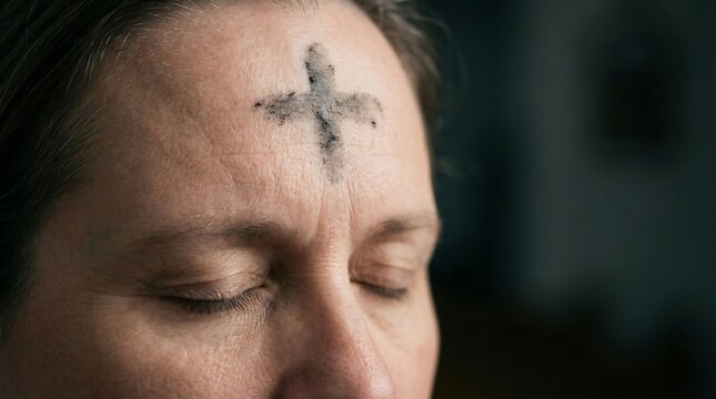 Woman with ash cross on forehead celebrating ash wednesday in prayer and reflection