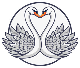 Obraz premium Pair of Swans Forming Heart Shape Logo Romantic Birds Togetherness Circle