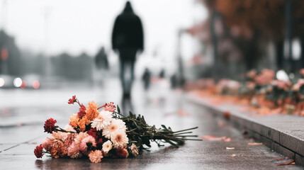 Bouquet of vibrant chrysanthemums resting on wet pavement with a person walking away in the defocused background