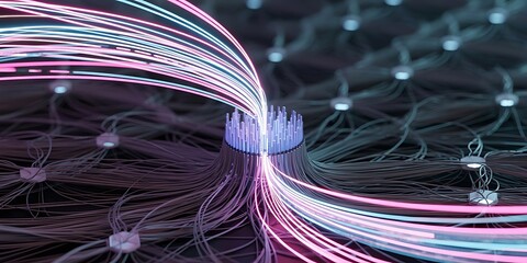 Futuristic Data Processing Hub with Glowing Neon Fiber Optic Cables abstract background