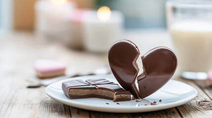 Broken chocolate heart on a rustic table symbolizing heartbreak, failed relationship, and emotional pain