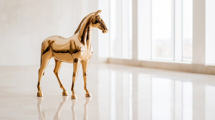 Golden horse statue standing still on a reflective surface in a clean, minimalist room with large windows, symbolizing elegance and wealth