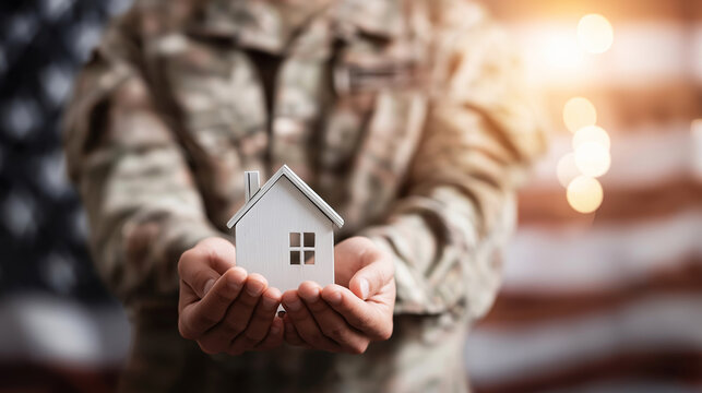 Soldier hands holding small house model, symbolizing veteran home loan, real estate investment, and military family support under an American flag