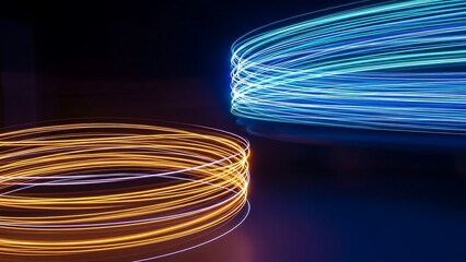 Dynamic light trails: Blue and orange glowing lines representing data transfer and digital energy on dark background