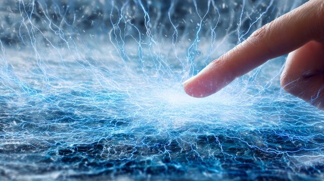 Finger touching electric field with blue lightning energy in a dark space, symbolizing power, connection, technology, innovation, control futuristic interaction between human touch dynamic electricity - Powered by Adobe
