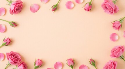 Pink roses and petals on soft peach background with copy space