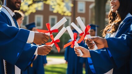 Graduation ceremony with diplomas and academic gowns