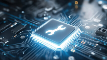 Microchip with a glowing wrench icon illustrating digital repair, technical support, and system maintenance on a circuit board background