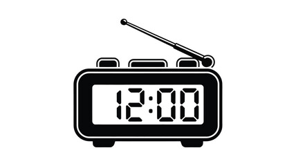 Classic black and white digital alarm clock radio showing 12:00 with an antenna Vector