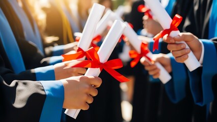 Graduation ceremony with graduates holding diplomas