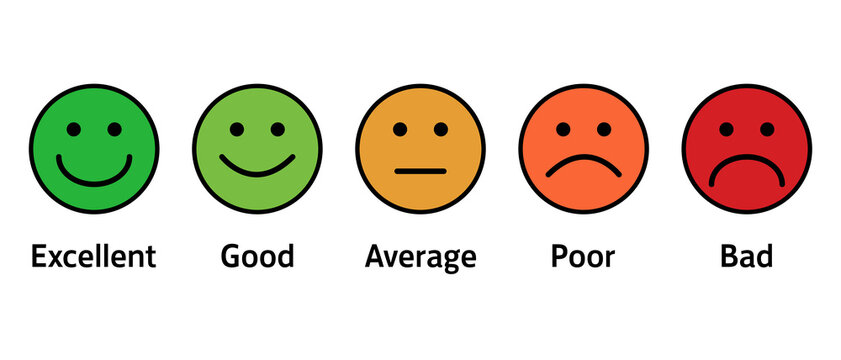 Emoji faces with labels from excellent to bad showing customer feedback and satisfaction rating concept