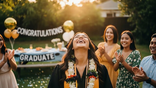 Graduate celebrating with friends outdoors