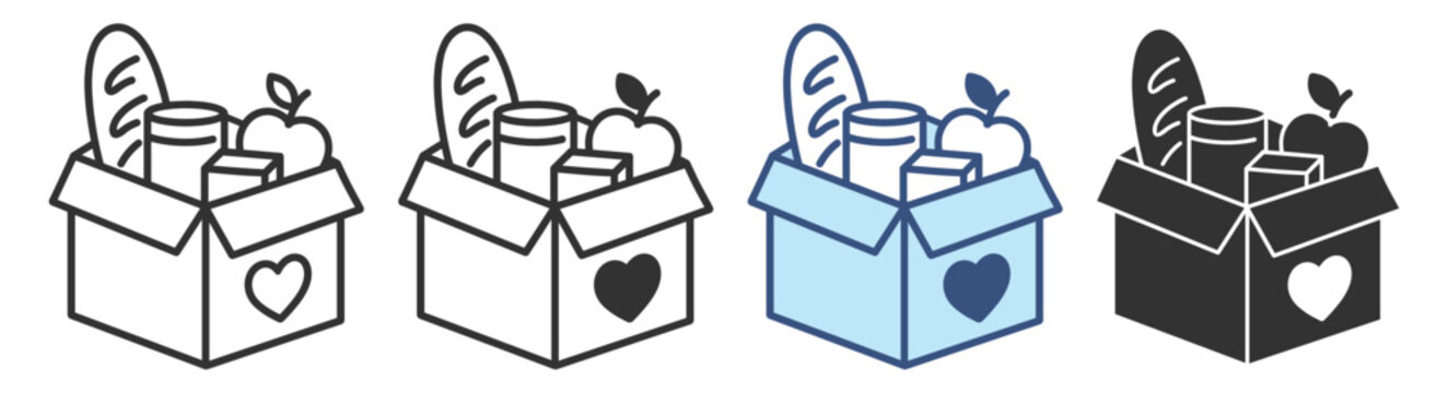 Charity food donation icon set. Grocery box with heart symbol, volunteer help, support, sharing and kindness. Flat silhouette vector collection on transparent background