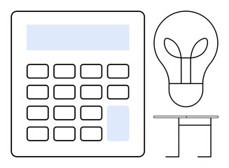 Office productivity, creativity, modern workspace, innovation, problem-solving, professional tools. Minimalistic ion of a calculator, light bulb and table. Office productivity and creativity