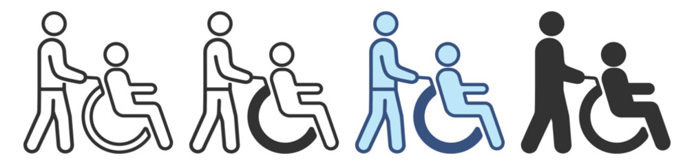 Wheelchair assistance icon, caregiver pushing disabled patient, accessibility and mobility support, minimal outline vector illustration on transparent background