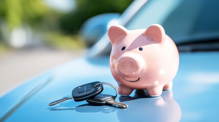 Piggy bank and car keys on a blue car hood depicting vehicle savings and financial planning for an auto purchase
