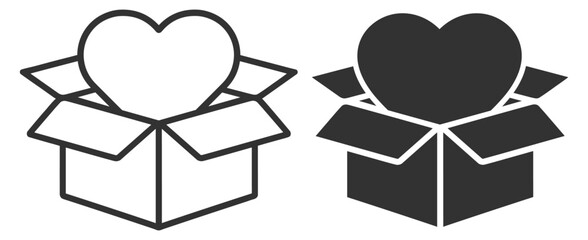 Charity donation icon set. Heart in box symbol, fundraising, giving, volunteer help and support. Minimal outline vector icons on transparent background