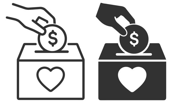 Donation and charity icon set. Money coin and heart box symbol, fundraising, giving, payment and support. Flat silhouette vector collection on transparent background