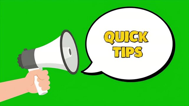 Hand holding megaphone with quick tips speech bubble on green screen background
