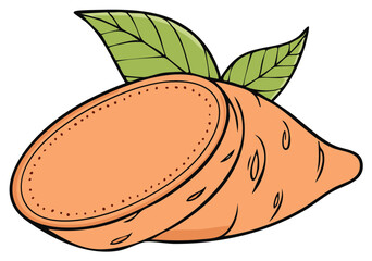 Obraz premium Illustrated sweet potato with green leaves, cartoon style, vegetable food ingredient.