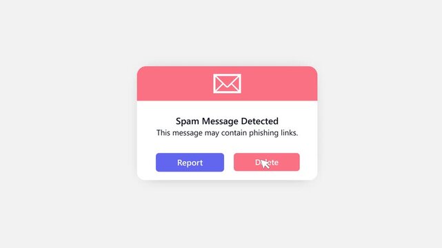 Spam message detected alert with report and delete options on a notification pop-up
