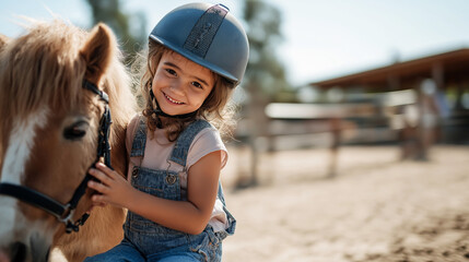 Smiling young girl wearing a riding helmet gently petting a small pony on a sunny day at an outdoor horse stable