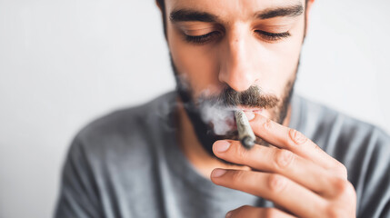 Young man smoking cannabis joint, exhaling smoke, finding moments of relaxation and contemplation indoors