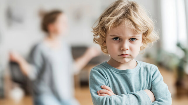 Defiant young boy crossing arms, feeling anger and conflict with parent gesturing in blurred background, family issues and communication