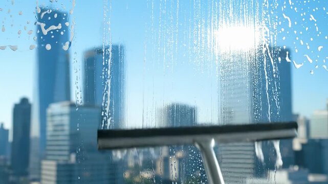 Window cleaning with squeegee at modern skyscraper. Professional cleaner removes water and soap for clear view. Bright urban skyline backdrop creates fresh atmosphere.