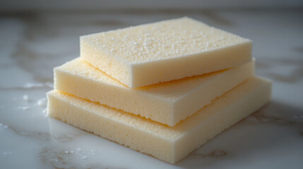 Soft white cellulose cleaning sponge stack with light texture and water droplets, simple kitchen supply conveying freshness and practical household cleaning use