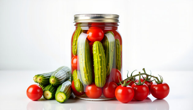 jar filled with cherry tomatoes and cucumbers on a white background, concept healthy eating and preservation - Powered by Adobe