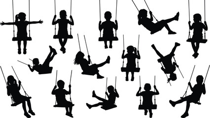 Collection of children swing silhouettes in playful poses, black vector illustrations isolated on white background, kids playground activity clipart set for design