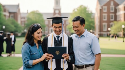Graduate with parents celebrating academic achievement