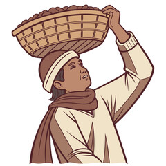 Obraz premium Laborer holding woven basket of raw mate on head worker