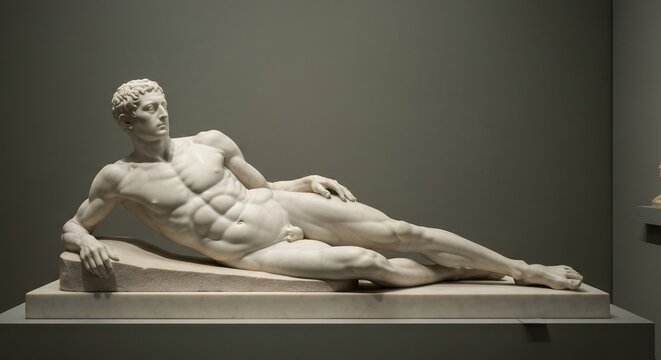 Sculpture of a reclining nude male figure muscular and anatomically detailed on a marble base