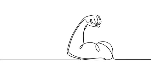 Arm shows bicep fist. Continuous one line vector, shows bicep continuous one line vector drawing, Man shows bicep fist hand continuous line drawing. Fitness and gym concept. minimal style. © Creative Tania