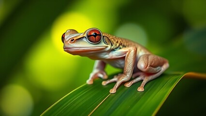 Obraz premium Tree frog perched on tropical leaf, wildlife in natural habitat.