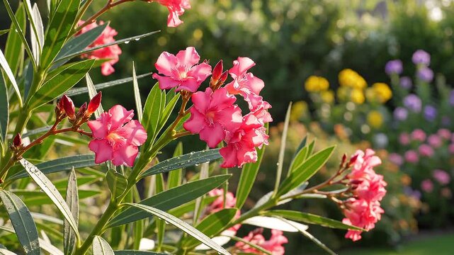 Beautiful close-up of oleander flowers in full bloom with lush green leaves