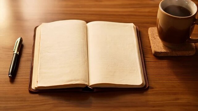 empty journal opened flat, warm ambient lighting, soft paper texture visible, cozy writing setup