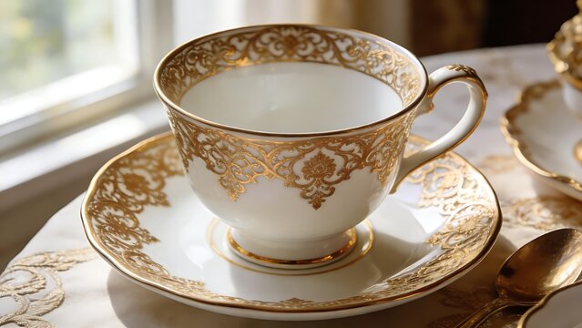 regularizing. Elegant white porcelain teacup with gold filigree patterns, soft window light highlighting delicate details. bar promotions.