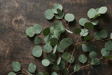 Fresh Green Eucalyptus Branches on Dark Rustic Wooden Background
